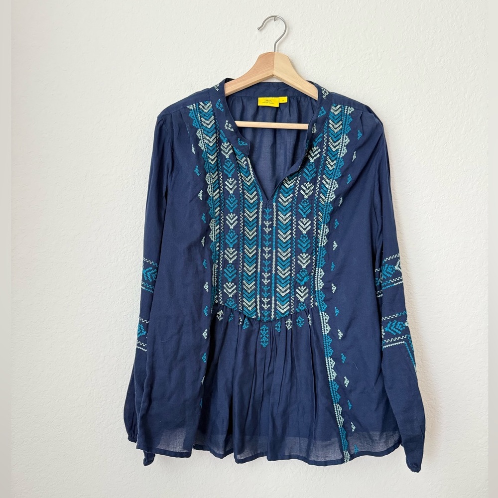 Roller Rabbit Navy Embroidered Long Sleeve Peasant Blouse